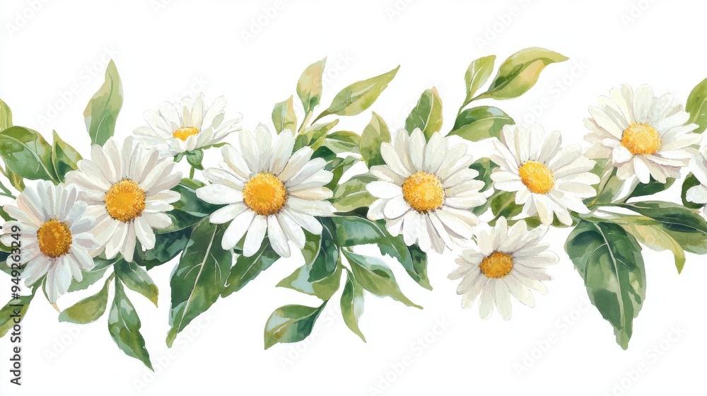 Fototapeta premium A vibrant floral design featuring a delicate row of daisies with lush green leaves, perfect for decoration or inspiration.