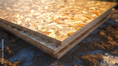 Plywood sheets, stacked against a wall, sawdust around, construction site