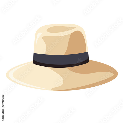 Summer beach fedora hat vector image, trilby straw panama hat illustration, isolated on white background, beige fedora hat clip art

