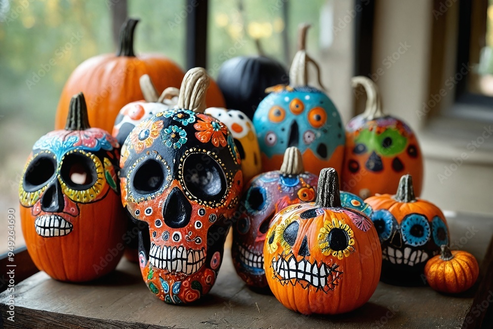 Fototapeta premium Halloween Pumpkins with Skull Designs