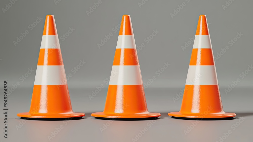 Safety cones, set in a row, orange and reflective stripes, construction area lighting Safety cones, set in a row, orange and reflective stripes, construction area lighting