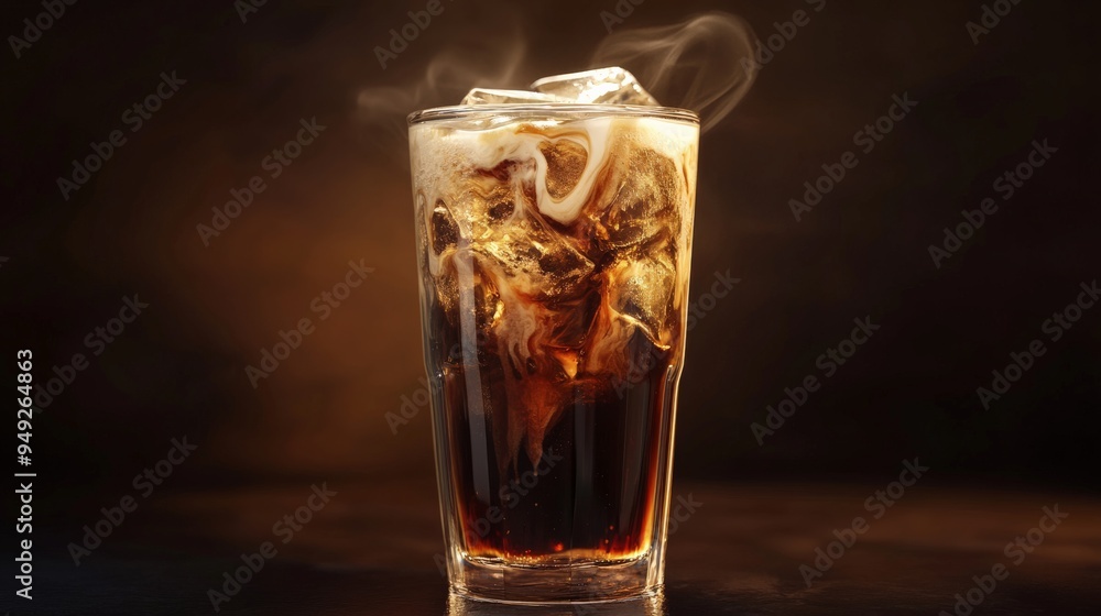 A refreshing glass of iced cola with ice cubes and condensation on the surface, set against a dark background, emitting a cool and inviting vibe. A refreshing glass of iced cola with ice cubes and condensation on the surface, set against a dark background, emitting a cool and inviting vibe.