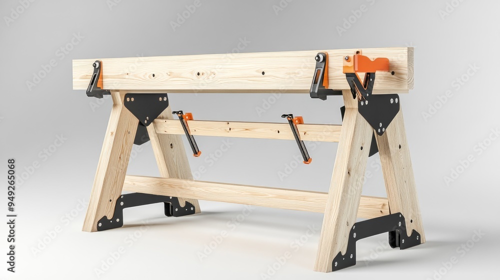 Sawhorse, supporting a wooden plank, clamps attached, natural daylight Sawhorse, supporting a wooden plank, clamps attached, natural daylight