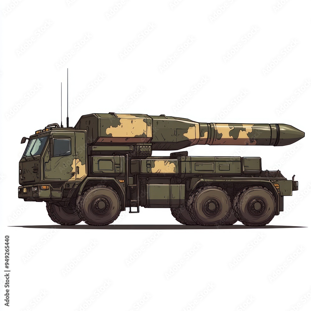 Military Vehicle Illustration - A Green Truck With a Long Missile on a White Background Military Vehicle Illustration - A Green Truck With a Long Missile on a White Background