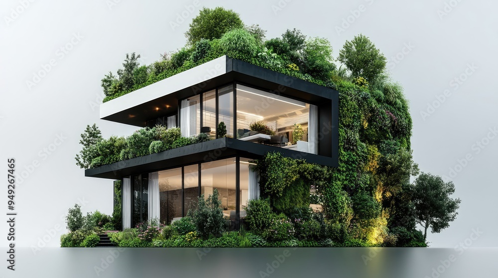 Stylish townhouse with rooftop garden, vertical garden wall, urban street setting Stylish townhouse with rooftop garden, vertical garden wall, urban street setting