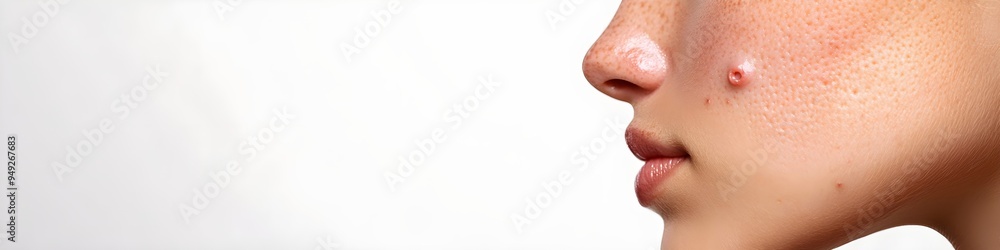Closeup of woman face with red pimples on skin. Acne therapy, inflammation on face and problem skin. Facial treatment, skincare routine and hygiene. Rosacea and couperose. Cosmetic and beauty concept Closeup of woman face with red pimples on skin. Acne therapy, inflammation on face and problem skin. Facial treatment, skincare routine and hygiene. Rosacea and couperose. Cosmetic and beauty concept