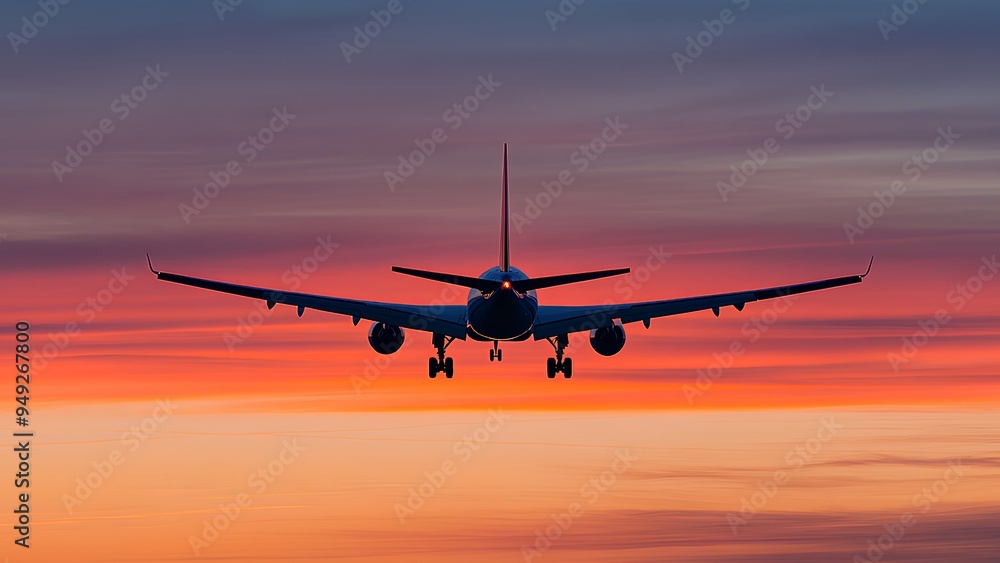 Airplane Silhouette Against a Vibrant Sunset Sky Airplane Silhouette Against a Vibrant Sunset Sky