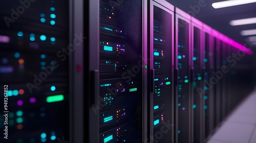 Data Center Server Racks with Colorful Lights