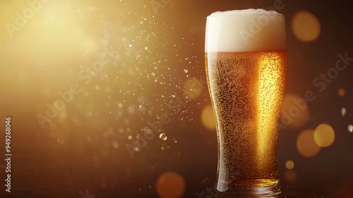 A tall glass of frothy beer sparkling against a warm, golden background. Perfect for themes related to beverages, relaxation, and celebration. photo