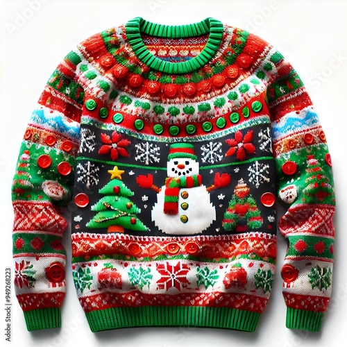 "Festive Christmas Sweater with Snowman, Snowflakes, and Holiday Patterns – Ideal for Ugly Sweater Parties, Christmas Celebrations, and Winter Festivities