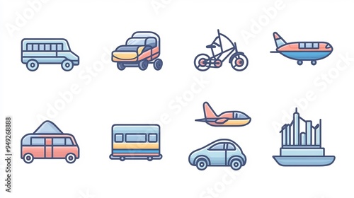 Minimalist Transportation Icons series of icons different modes of transportation car bicycle airplane train boat All icons designed with a consistent style focusing on clean lines and minimal curves