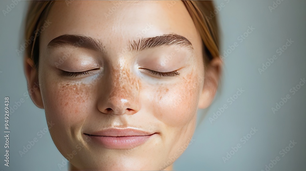 Woman’s face with a serene expression, eyes closed, peaceful background Woman’s face with a serene expression, eyes closed, peaceful background