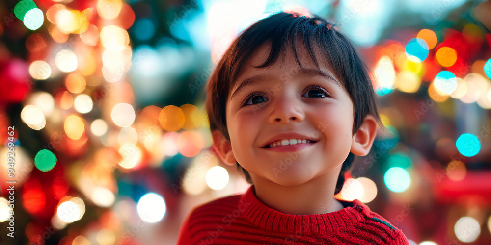 A little boy with a smile on her face looks at the Christmas lights.
