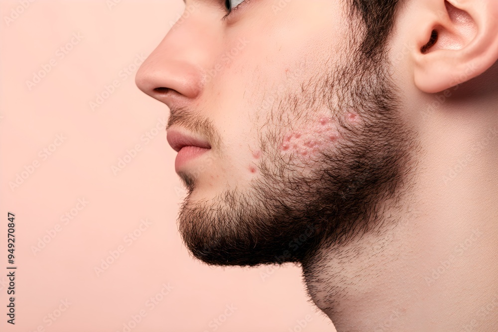 Closeup of man face with red pimples on skin. Acne therapy, inflammation on face and problem skin. Facial treatment, skincare routine and hygiene. Rosacea and couperose. Cosmetic and beauty concept Closeup of man face with red pimples on skin. Acne therapy, inflammation on face and problem skin. Facial treatment, skincare routine and hygiene. Rosacea and couperose. Cosmetic and beauty concept