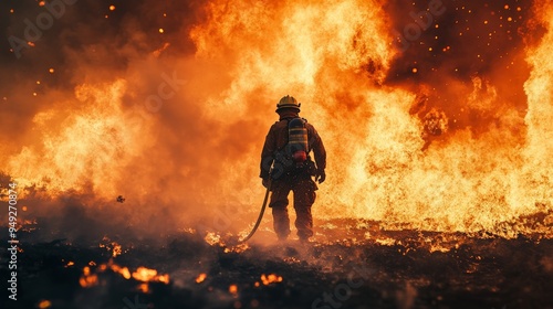 Brave firefighter battling an intense wildfire with flames surrounding. Dramatic scene of emergency response and heroism.