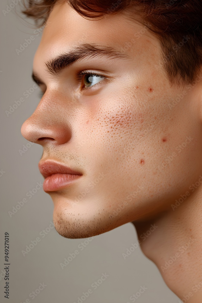 Closeup of man face with red pimples on skin. Acne therapy, inflammation on face and problem skin. Facial treatment, skincare routine and hygiene. Rosacea and couperose. Cosmetic and beauty concept Closeup of man face with red pimples on skin. Acne therapy, inflammation on face and problem skin. Facial treatment, skincare routine and hygiene. Rosacea and couperose. Cosmetic and beauty concept