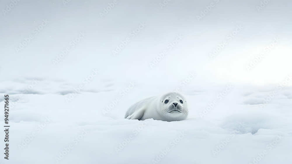 A lone seal pup lies in the middle of a snow-covered tundra, with nothing but endless white surrounding it A lone seal pup lies in the middle of a snow-covered tundra, with nothing but endless white surrounding it