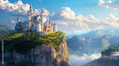A fairytale castle sits atop a cliff with a lush forest surrounding it.