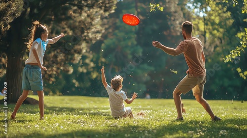 A father and his two children play frisbee in a park. photo