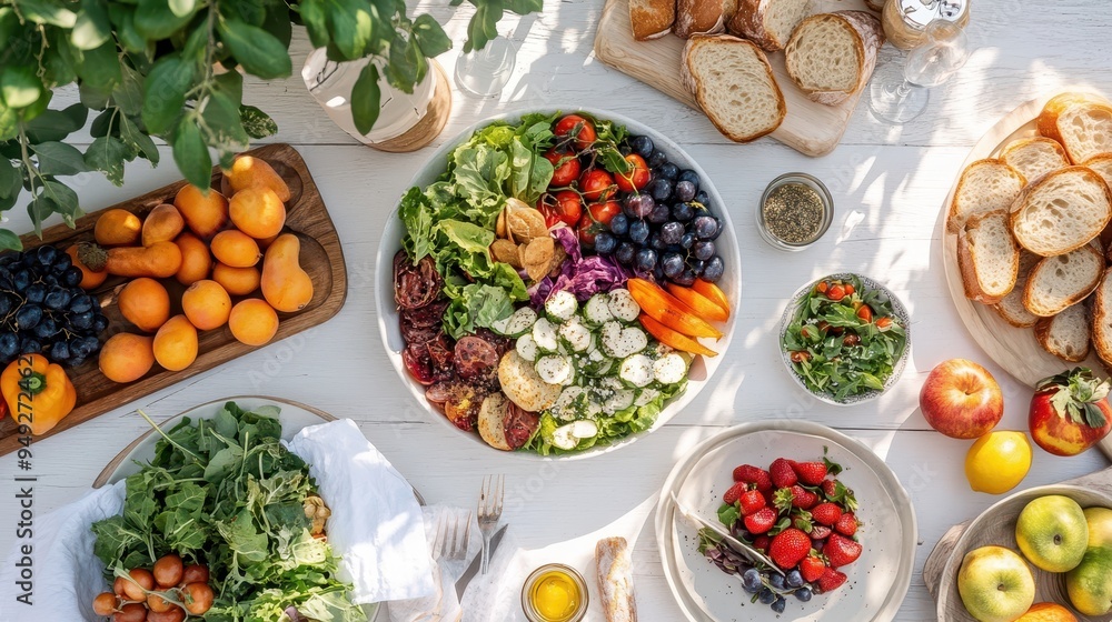 A colorful arrangement of salads, fruits, and breads displayed on a rustic table, inviting friends to share a summer meal together A colorful arrangement of salads, fruits, and breads displayed on a rustic table, inviting friends to share a summer meal together