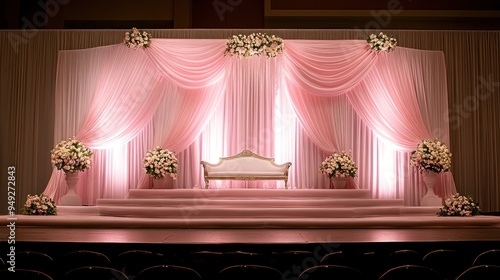 Elegant Wedding Stage Decor with Pink Drapes and Flowers