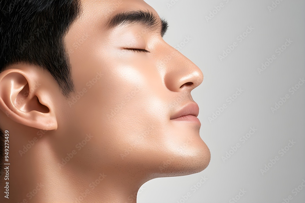 Closeup of man face with perfect clear skin. Acne therapy, inflammation on face and problem skin. Facial treatment, skincare routine and hygiene. Rosacea and couperose. Cosmetic and beauty concept Closeup of man face with perfect clear skin. Acne therapy, inflammation on face and problem skin. Facial treatment, skincare routine and hygiene. Rosacea and couperose. Cosmetic and beauty concept