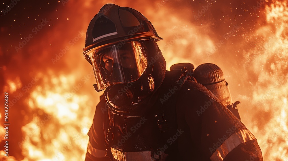 Fototapeta premium Brave firefighter in protective gear battling a huge fire with intense flames in the background, showcasing courage and dedication.