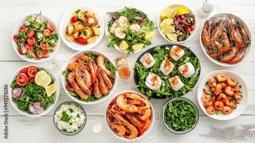 Wallpaper Mural Enjoying a Mediterranean summer spread filled with fresh seafood, vibrant salads, and citrus accents on a sunny day Torontodigital.ca