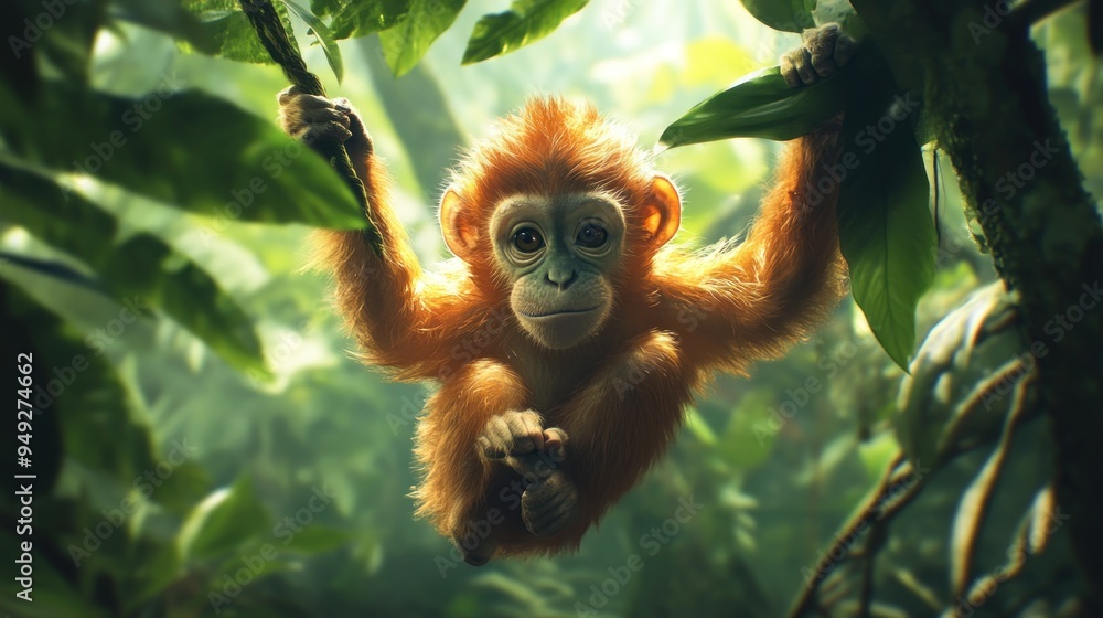 Obraz premium A Baby Monkey Hanging From a Branch