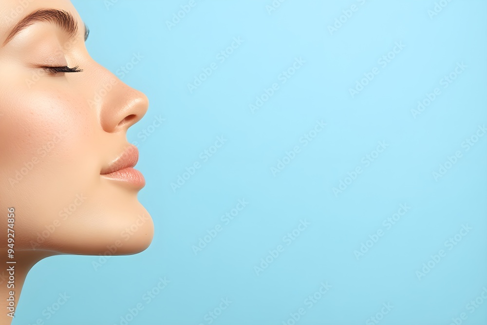 Closeup of woman face with perfect clear skin. Acne therapy, inflammation on face and problem skin. Facial treatment, skincare routine and hygiene. Rosacea and couperose. Cosmetic and beauty concept Closeup of woman face with perfect clear skin. Acne therapy, inflammation on face and problem skin. Facial treatment, skincare routine and hygiene. Rosacea and couperose. Cosmetic and beauty concept