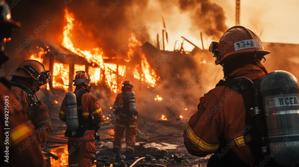Brave firefighters in full gear battling a large blaze, smoke and flames engulfing the background, responding to an emergency fire situation. Brave firefighters in full gear battling a large blaze, smoke and flames engulfing the background, responding to an emergency fire situation.