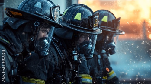 Brave firefighters in full gear focused on tackling a fierce blaze at sunset, showcasing determination and courage in their mission.