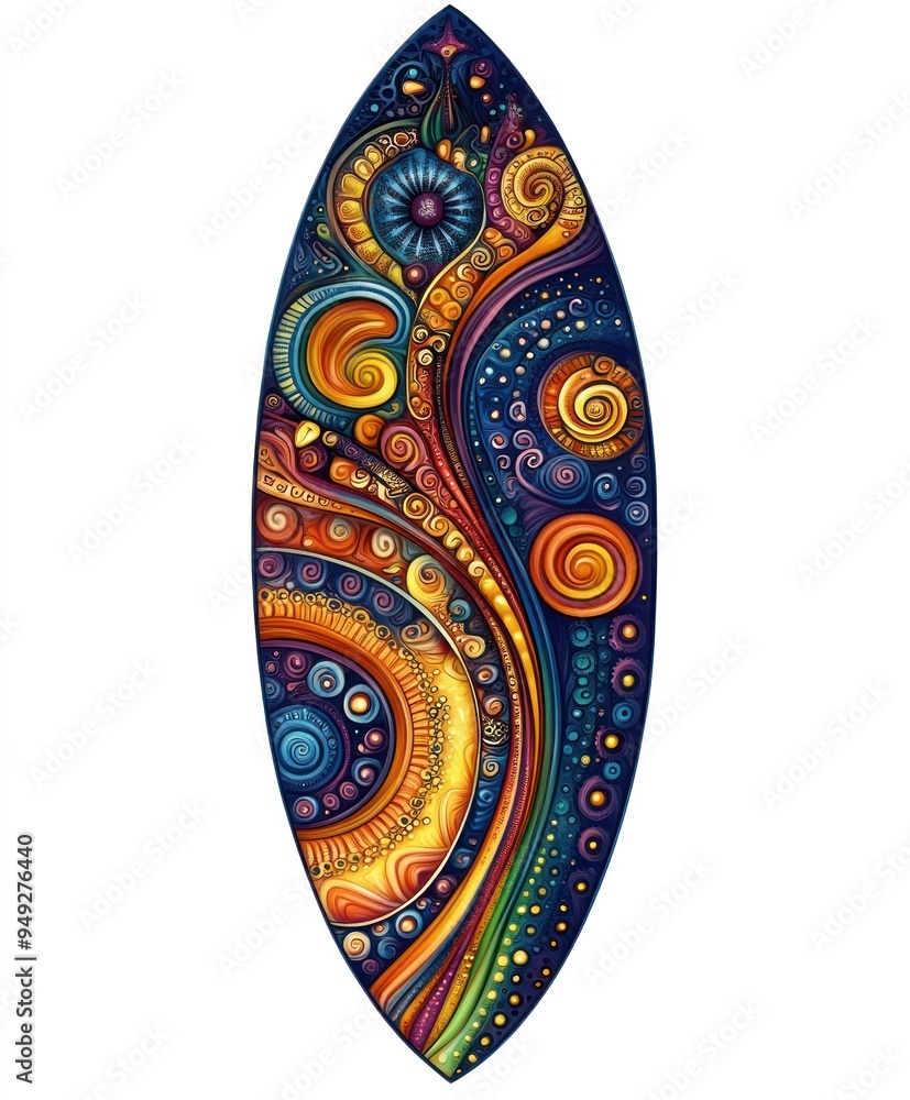 A colorful, abstract surfboard design featuring swirling patterns and vibrant colors. A colorful, abstract surfboard design featuring swirling patterns and vibrant colors.