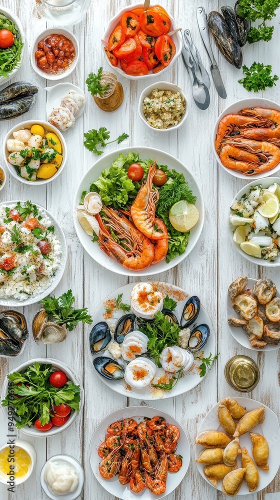 A bountiful spread showcases an array of fresh seafood and vibrant vegetables typical of summer Mediterranean dining, inviting a communal experience A bountiful spread showcases an array of fresh seafood and vibrant vegetables typical of summer Mediterranean dining, inviting a communal experience