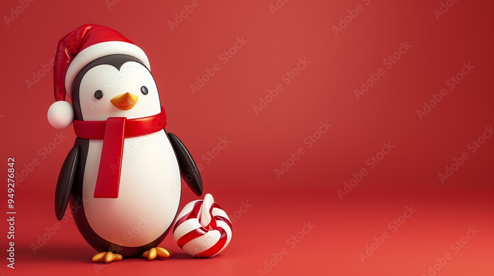A cute penguin in a Santa hat and scarf with a candy cane. A cute penguin in a Santa hat and scarf with a candy cane.