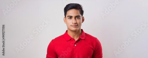 A portrait of a South Asian man wearing a red polo shirt