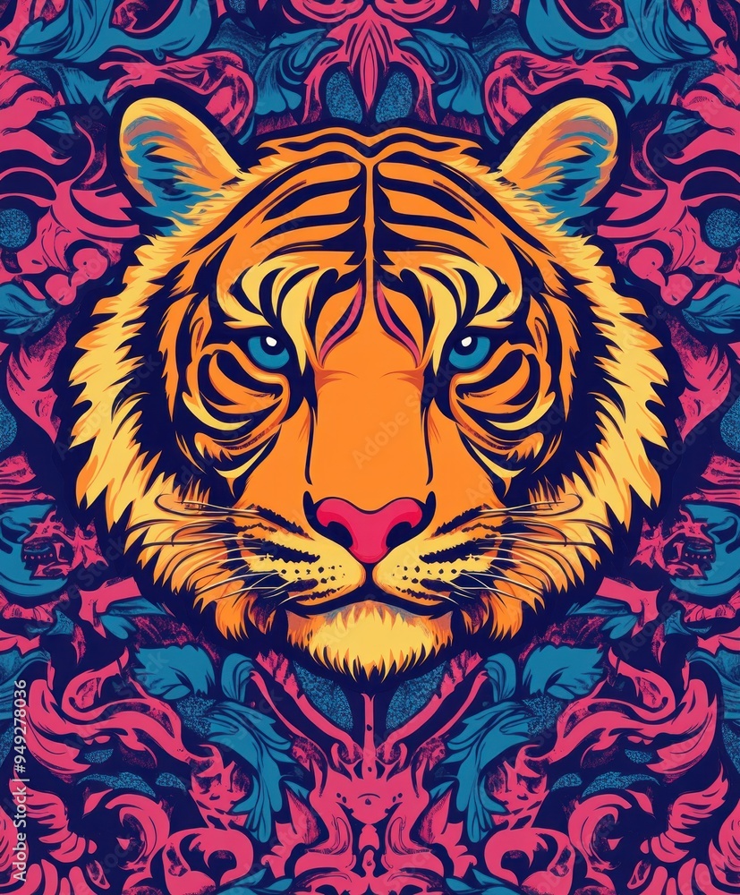 A vibrant illustration of a tiger's face surrounded by colorful patterns. A vibrant illustration of a tiger's face surrounded by colorful patterns.