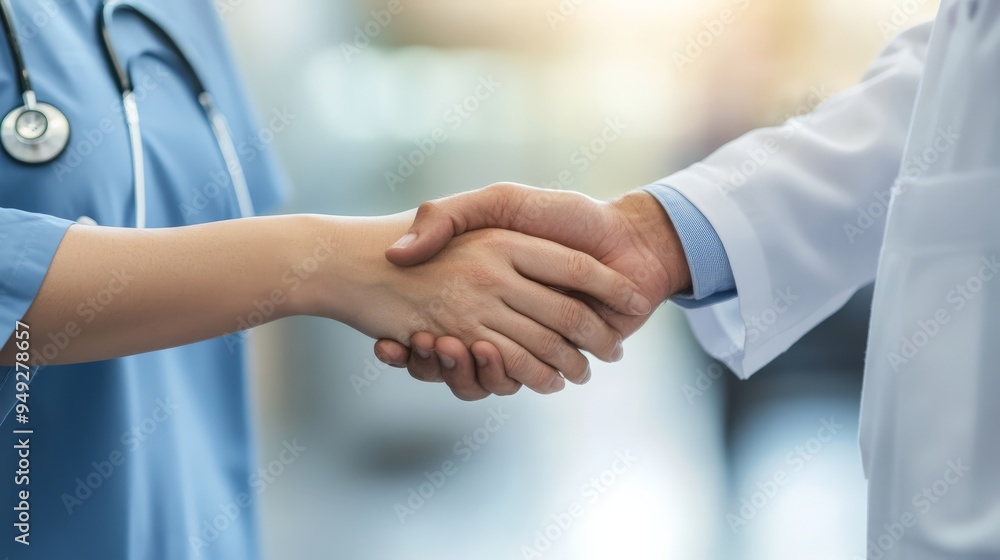 Close-up of a doctor and nurse shaking hands, symbolizing healthcare teamwork and collaboration in a medical setting. Close-up of a doctor and nurse shaking hands, symbolizing healthcare teamwork and collaboration in a medical setting.