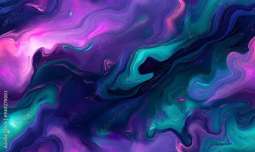 Fototapeta premium a swirling marbled pattern using deep purple, neon green, electric blue, and magenta colors, Generative AI