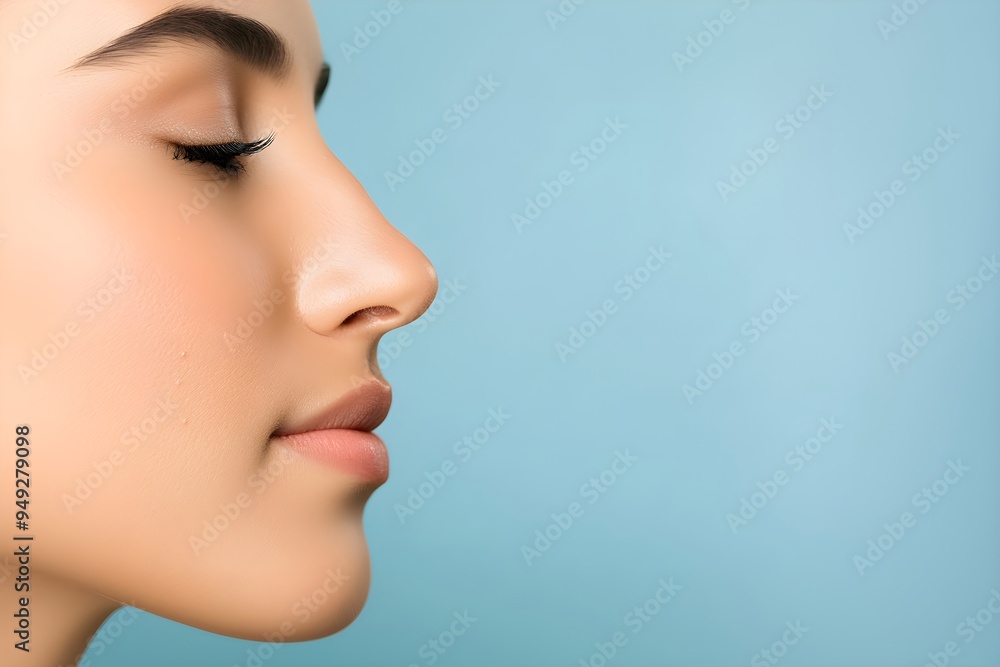 Closeup of woman face with perfect clear skin. Acne therapy, inflammation on face and problem skin. Facial treatment, skincare routine and hygiene. Rosacea and couperose. Cosmetic and beauty concept Closeup of woman face with perfect clear skin. Acne therapy, inflammation on face and problem skin. Facial treatment, skincare routine and hygiene. Rosacea and couperose. Cosmetic and beauty concept