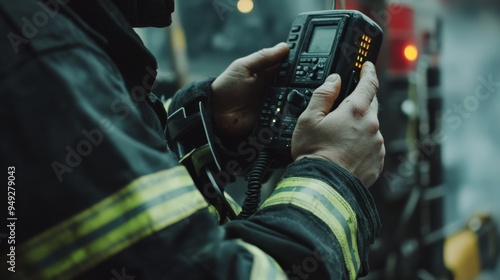 Close-up of a firefighter using a radio communication device in the line of duty. Safety and preparedness in action. photo