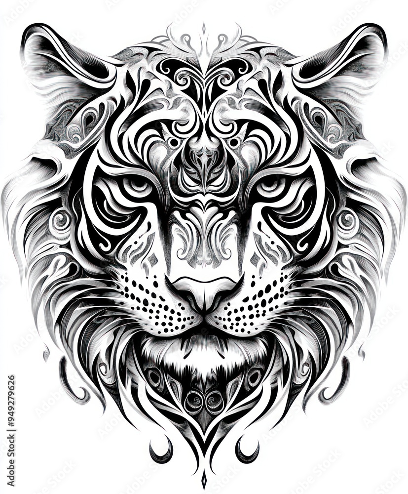 Obraz premium A stylized black and white illustration of a tiger's face with intricate patterns.