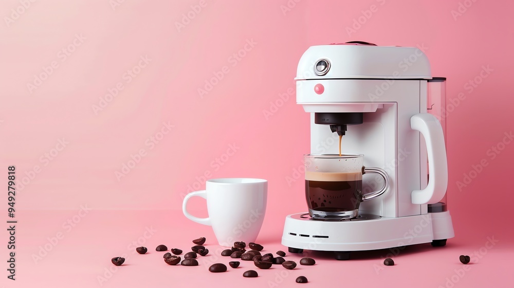 A white coffee machine making coffee into a glass cup. A white coffee machine making coffee into a glass cup.