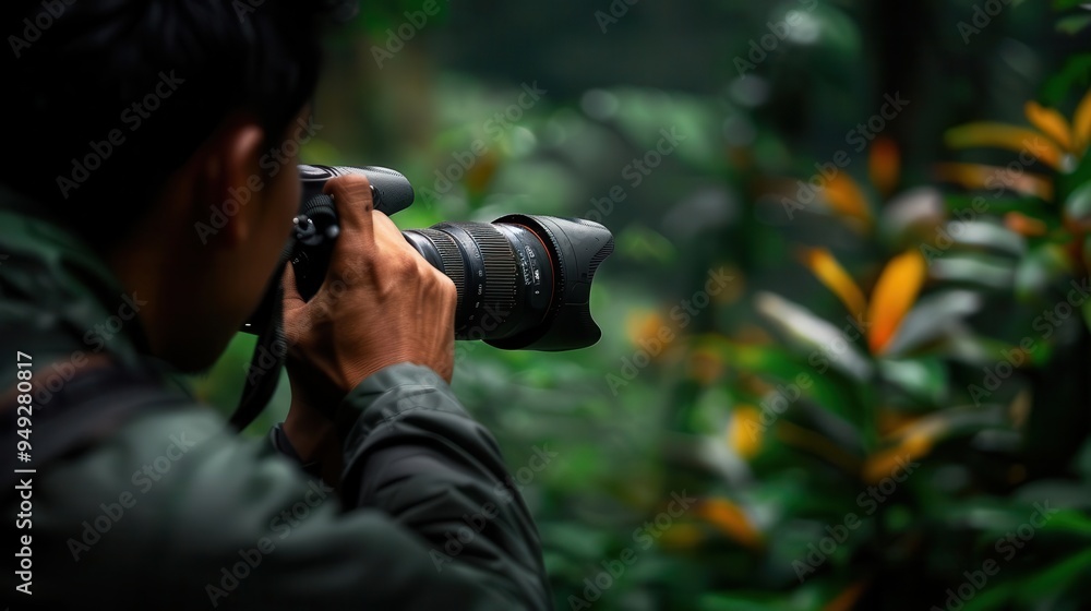 Bird watching in a lush forest, observer with binoculars focused on a rare bird, Nature, Earth tones, Photograph, Detailed wildlife Bird watching in a lush forest, observer with binoculars focused on a rare bird, Nature, Earth tones, Photograph, Detailed wildlife