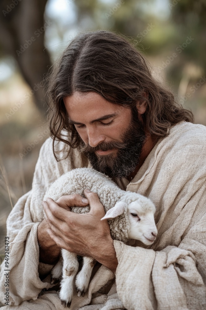 Embracing compassion: Jesus Christ gently holding a lamb, embodying His role as Good Shepherd, symbolizing care, protection, divine guidance in profound display of tender grace. Embracing compassion: Jesus Christ gently holding a lamb, embodying His role as Good Shepherd, symbolizing care, protection, divine guidance in profound display of tender grace.