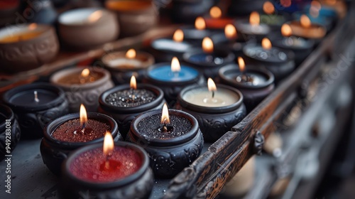 Candle making with different colored waxes, warm and inviting, Artisan, Earth tones, Photograph, Craftsmanship detail