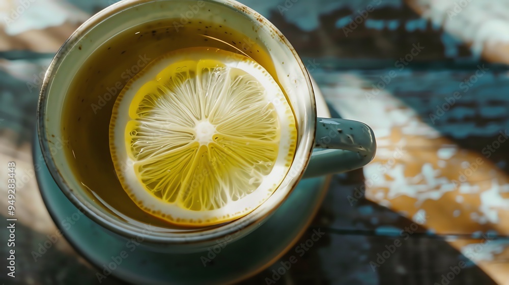 A cup of tea with a lemon slice in it. A cup of tea with a lemon slice in it.