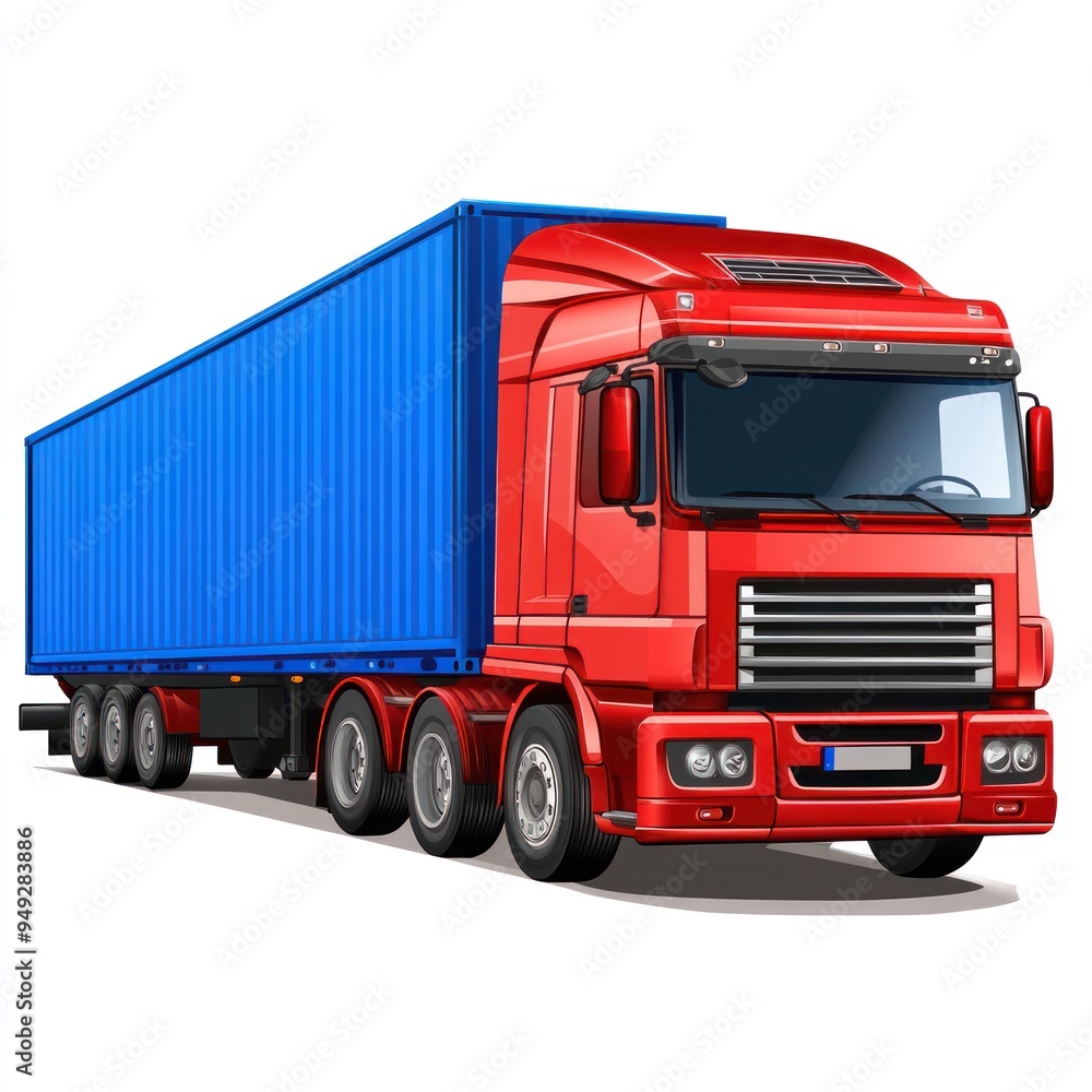 Red Semi-Truck with Blue Container Trailer Illustration Red Semi-Truck with Blue Container Trailer Illustration