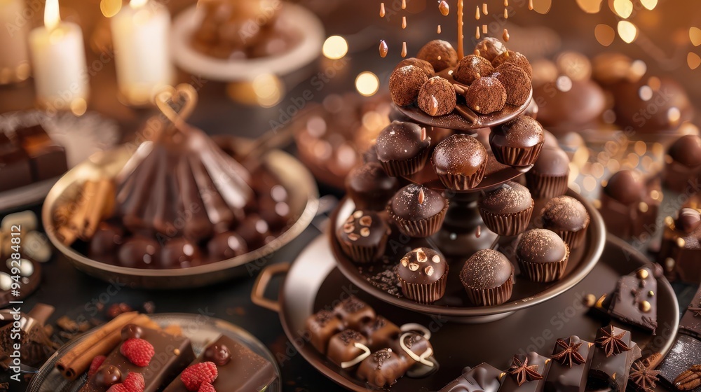 Chocolate fountain with treats, indulgent and luxurious, Decadent, Warm browns, Photograph, Sweet luxury Chocolate fountain with treats, indulgent and luxurious, Decadent, Warm browns, Photograph, Sweet luxury