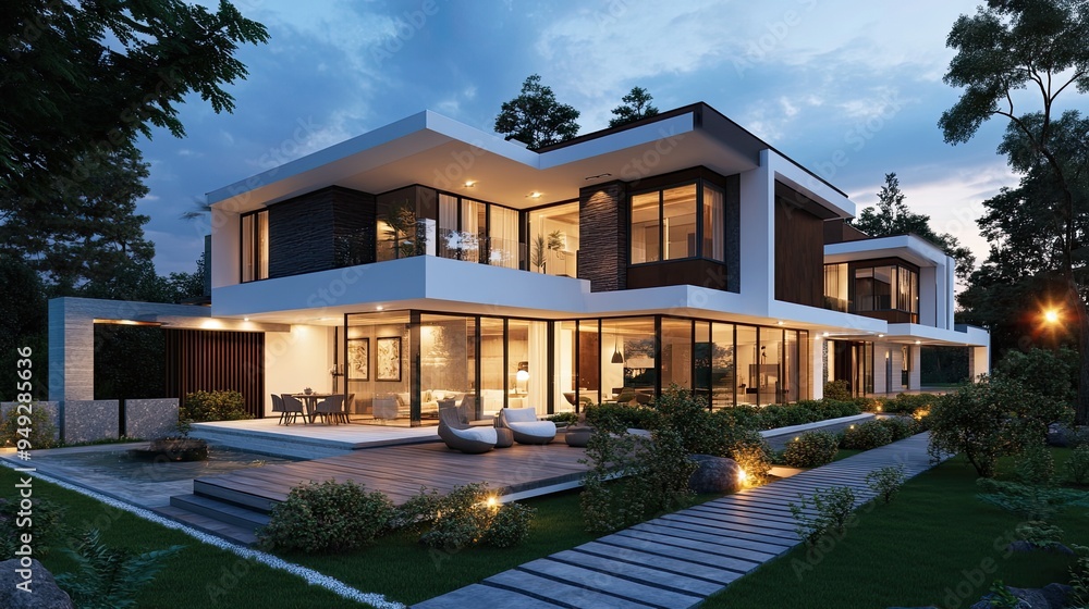Modern House with Pool and Garden at Dusk Modern House with Pool and Garden at Dusk